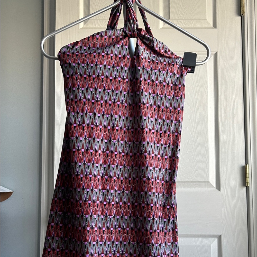 Athleta Strapless Dress in Red and Purple Pattern